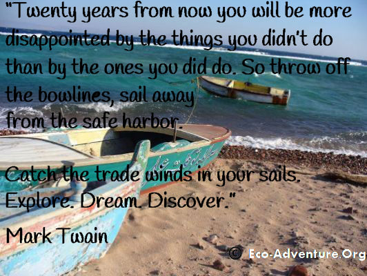 Twenty years from now you will be more disappointed by the things you didn't do than by the ones you did do. So throw off the bowlines, sail away from the safe harbor. Catch the trade winds in your sails. Explore. Dream. Discover. - By Mark Twain.